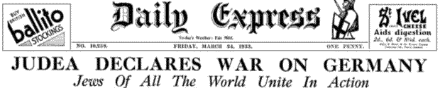 Daily Express 1933 headline, Jewish declaration of war on Germany 