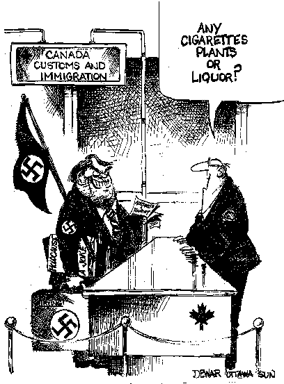 Cartoon: Mr Irving arrives at Canada customs. 